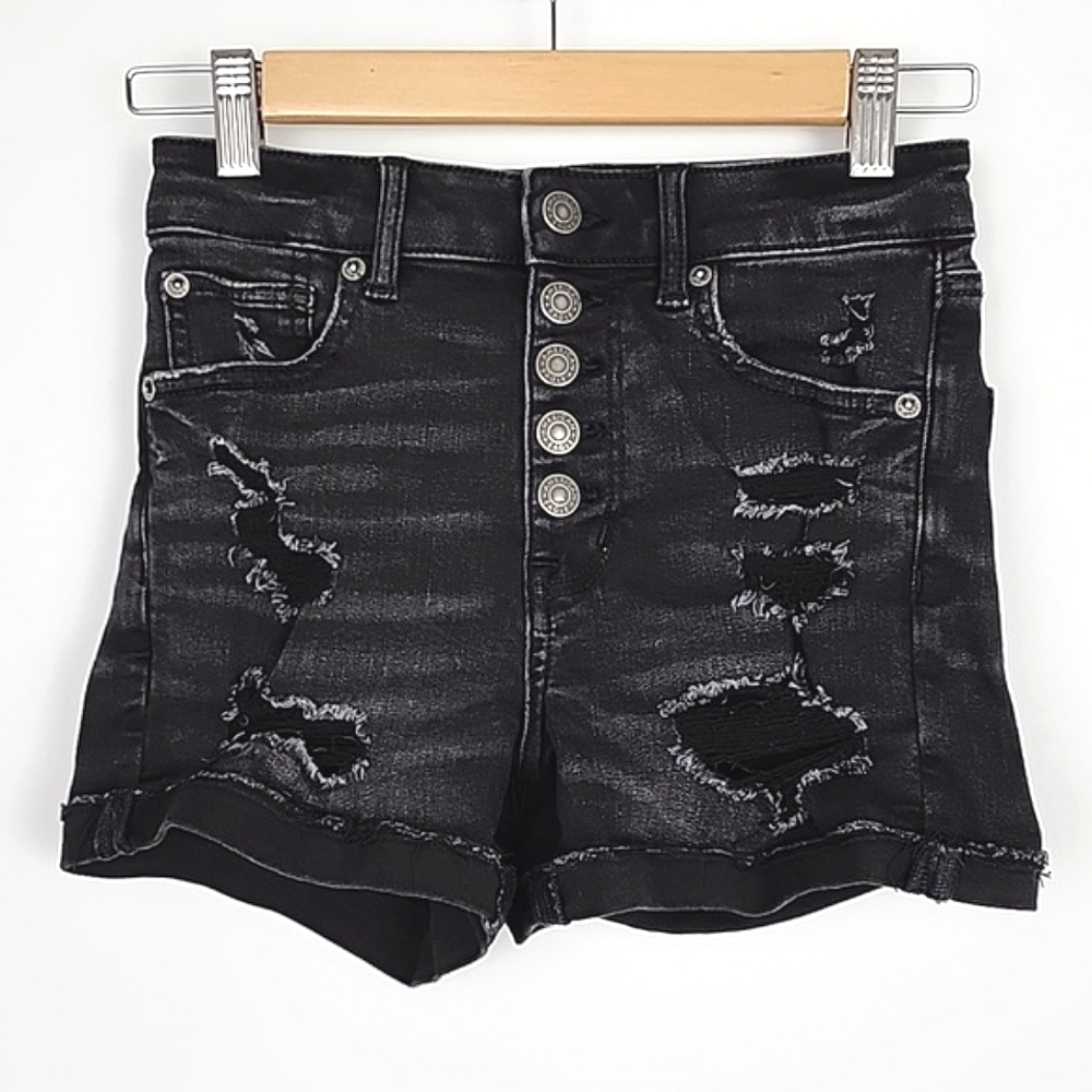 American Eagle AEO NE(X)T Level Stretch Black Super Hi-Rise  Shortie Shorts Sz 0